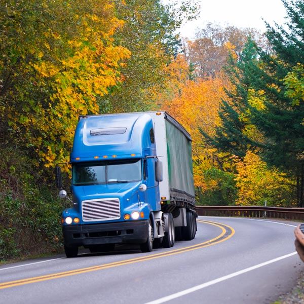 truck driving on highway in forest